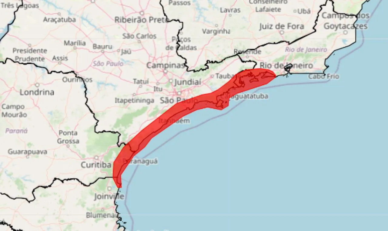 o mapa mostra as &aacute;reas em alerta para tempestade